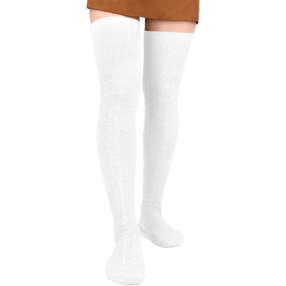 Women Thigh High Socks Cotton Knit Thick Long Boot Stockings Leg Warmers White